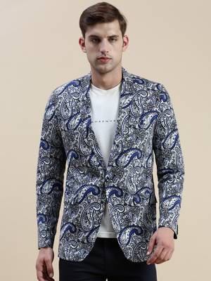 Men's Printed Slim Fit Notched Lapel Blue Single-Breasted Blazer 2