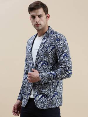 Men's Printed Slim Fit Notched Lapel Blue Single-Breasted Blazer 3