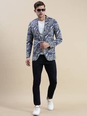 Men's Printed Slim Fit Notched Lapel Blue Single-Breasted Blazer 5