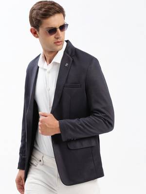 Men's Notched Lapel Solid Navy Blue Single-Breasted Blazer 1