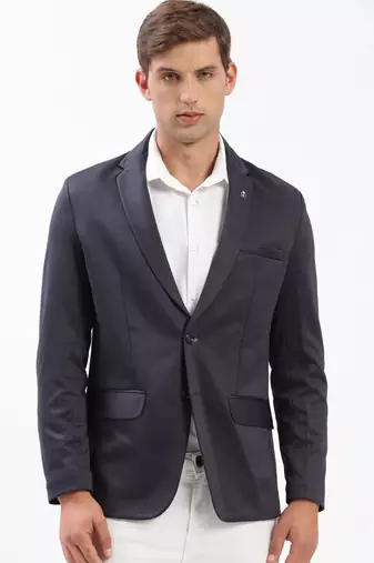 Men's Notched Lapel Solid Navy Blue Single-Breasted Blazer