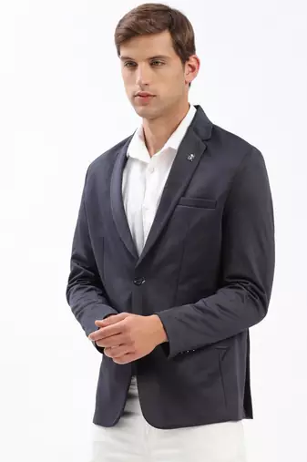 Men's Notched Lapel Solid Navy Blue Single-Breasted Blazer