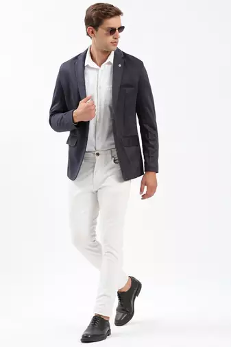 Men's Notched Lapel Solid Navy Blue Single-Breasted Blazer