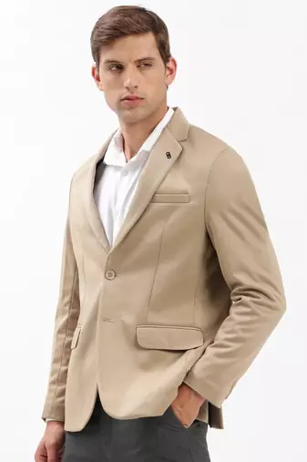 Men's Notched Lapel Solid Beige Single-Breasted Blazer