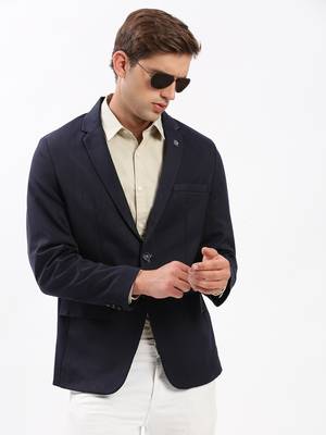 Men's Notched Lapel Solid Navy Blue Single-Breasted Blazer 2