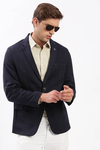 Men's Notched Lapel Solid Navy Blue Single-Breasted Blazer