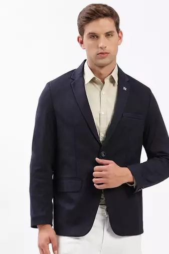 Men's Notched Lapel Solid Navy Blue Single-Breasted Blazer