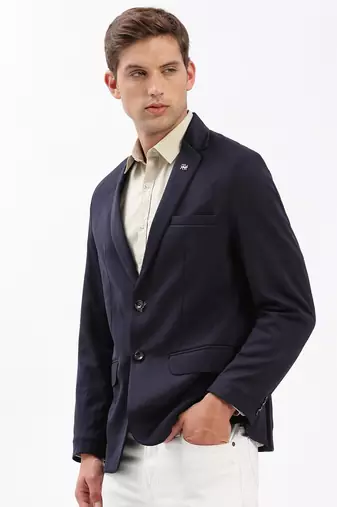 Men's Notched Lapel Solid Navy Blue Single-Breasted Blazer