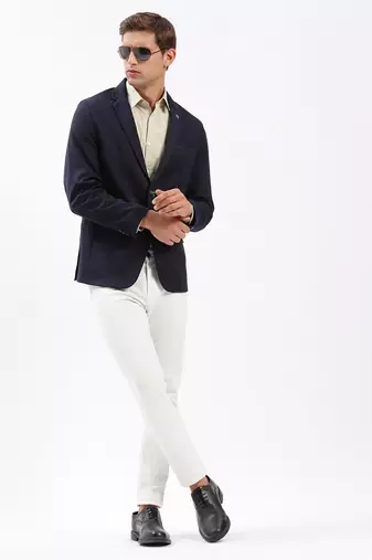 Men's Notched Lapel Solid Navy Blue Single-Breasted Blazer