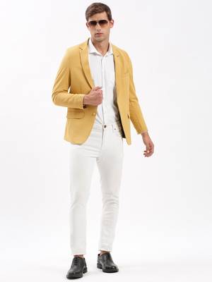 Men's Notched Lapel Solid Yellow Single-Breasted Blazer 6