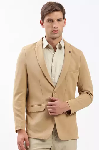 Men's Notched Lapel Solid Beige Single-Breasted Blazer
