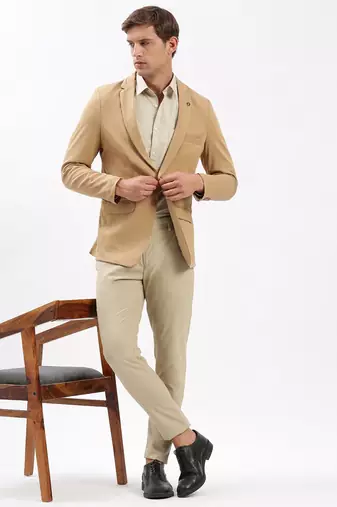 Men's Notched Lapel Solid Beige Single-Breasted Blazer