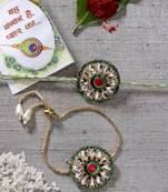  unisex set of 2 gold kundan-studded handcrafted wraparound rakhi set with roli chawal & chocolate