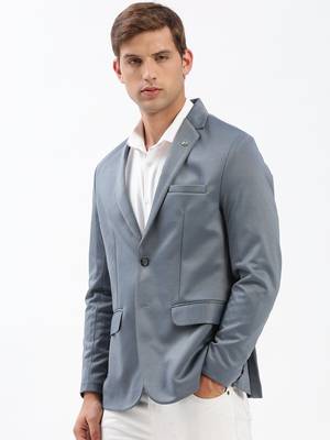 Men's Notched Lapel Solid Grey Single-Breasted Blazer 3