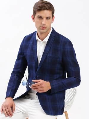 SHOWOFF Men's Notched Lapel Checked Navy Blue Single-Breasted Blazer 1
