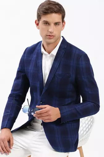 SHOWOFF Men's Notched Lapel Checked Navy Blue Single-Breasted Blazer