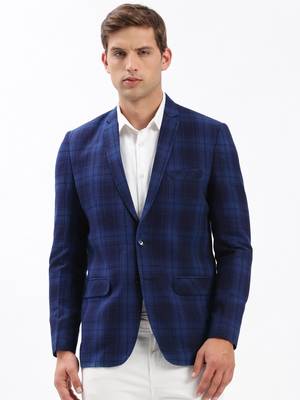 SHOWOFF Men's Notched Lapel Checked Navy Blue Single-Breasted Blazer 2