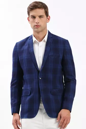 SHOWOFF Men's Notched Lapel Checked Navy Blue Single-Breasted Blazer