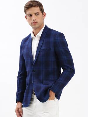 SHOWOFF Men's Notched Lapel Checked Navy Blue Single-Breasted Blazer 3
