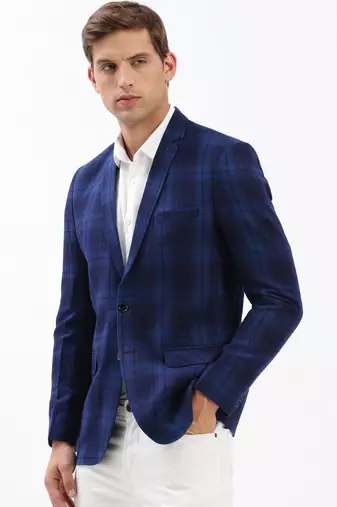 SHOWOFF Men's Notched Lapel Checked Navy Blue Single-Breasted Blazer