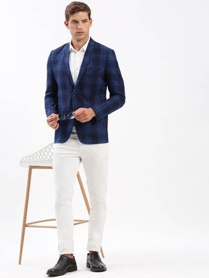 SHOWOFF Men's Notched Lapel Checked Navy Blue Single-Breasted Blazer 5