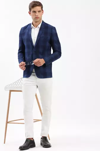 SHOWOFF Men's Notched Lapel Checked Navy Blue Single-Breasted Blazer