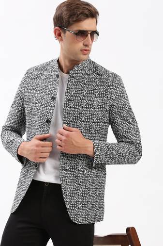 SHOWOFF Men's Mandarin Collar Printed Black Bandhgala Blazer
