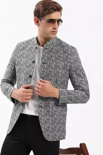 SHOWOFF Men's Mandarin Collar Printed Black Bandhgala Blazer