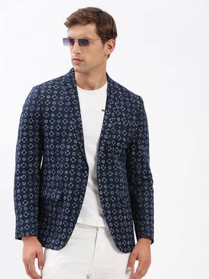 SHOWOFF Men's Notched Lapel Printed Navy Blue Single-Breasted Blazer 1