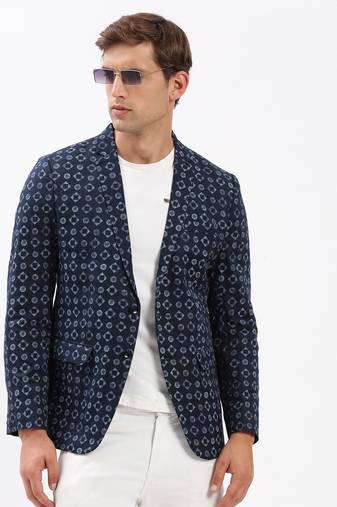 SHOWOFF Men's Notched Lapel Printed Navy Blue Single-Breasted Blazer