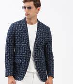 SHOWOFF Men's Notched Lapel Printed Navy Blue Single-Breasted Blazer