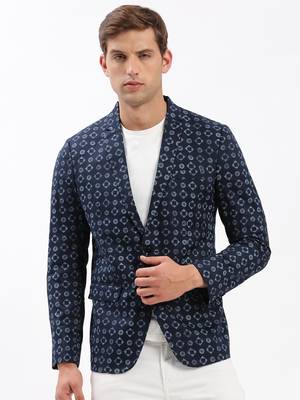 SHOWOFF Men's Notched Lapel Printed Navy Blue Single-Breasted Blazer 2