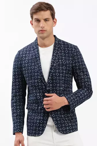 SHOWOFF Men's Notched Lapel Printed Navy Blue Single-Breasted Blazer