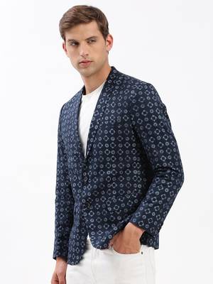 SHOWOFF Men's Notched Lapel Printed Navy Blue Single-Breasted Blazer 3