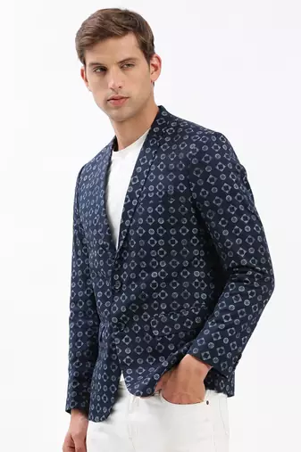 SHOWOFF Men's Notched Lapel Printed Navy Blue Single-Breasted Blazer