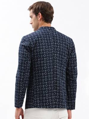 SHOWOFF Men's Notched Lapel Printed Navy Blue Single-Breasted Blazer 4