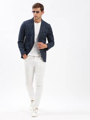 SHOWOFF Men's Notched Lapel Printed Navy Blue Single-Breasted Blazer 5