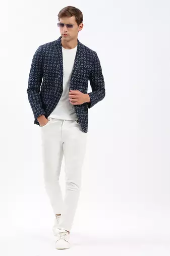 SHOWOFF Men's Notched Lapel Printed Navy Blue Single-Breasted Blazer