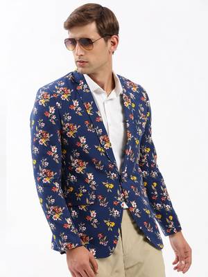 Men's Notched Lapel Printed Navy Blue Single-Breasted Blazer 1