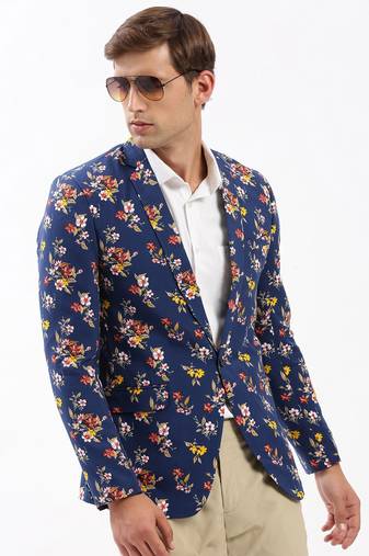Men's Notched Lapel Printed Navy Blue Single-Breasted Blazer
