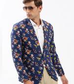 Men's Notched Lapel Printed Navy Blue Single-Breasted Blazer