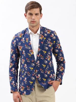 Men's Notched Lapel Printed Navy Blue Single-Breasted Blazer 2