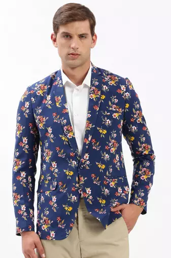 Men's Notched Lapel Printed Navy Blue Single-Breasted Blazer