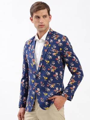 Men's Notched Lapel Printed Navy Blue Single-Breasted Blazer 3