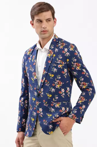 Men's Notched Lapel Printed Navy Blue Single-Breasted Blazer