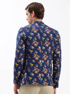 Men's Notched Lapel Printed Navy Blue Single-Breasted Blazer 4