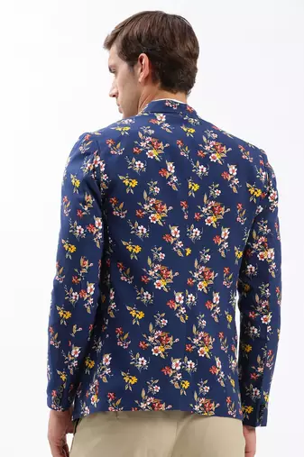 Men's Notched Lapel Printed Navy Blue Single-Breasted Blazer