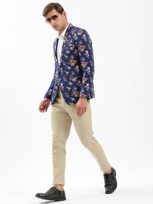 Men's Notched Lapel Printed Navy Blue Single-Breasted Blazer 5