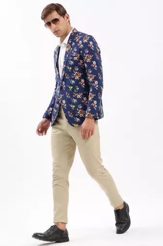 Men's Notched Lapel Printed Navy Blue Single-Breasted Blazer