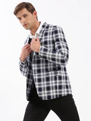 Men's Notched Lapel Checked Navy Blue Single-Breasted Blazer 1